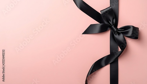 Simple gift box tied with black satin ribbon bow on soft pastel pink paper background.