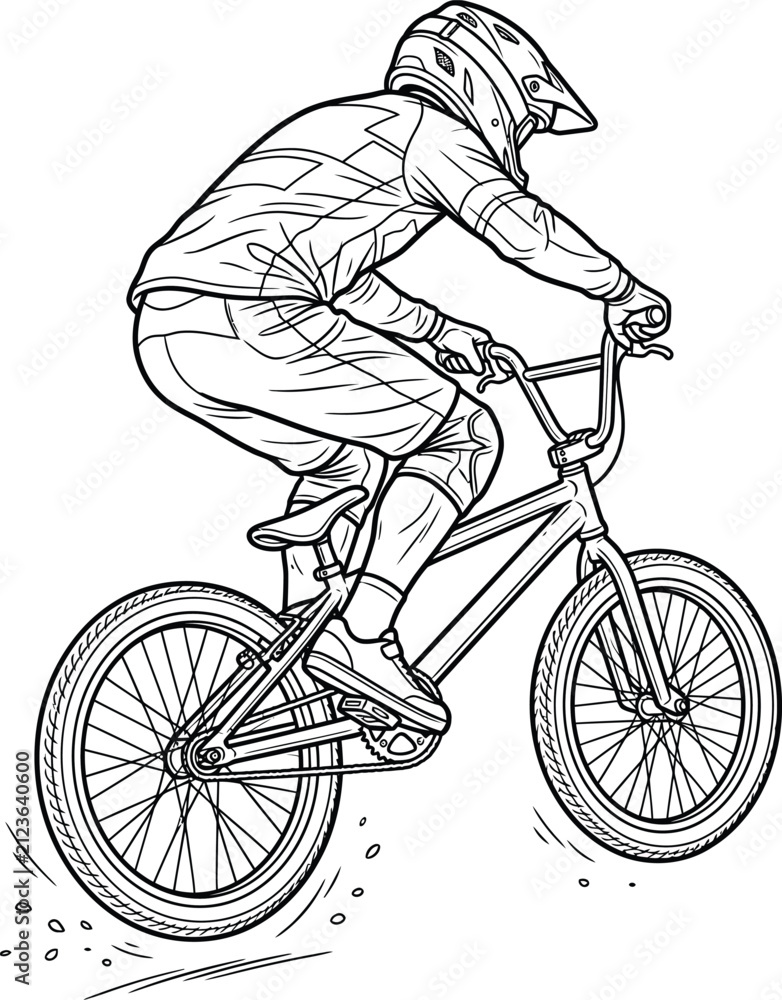 Fototapeta premium BMX biker performs a dynamic jump with a bicycle, black and white line art illustration.