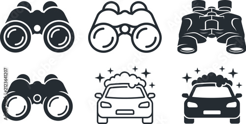 Bild auf Leinwand Binoculars and car wash icon set featuring optical zoom surveillance gear and so