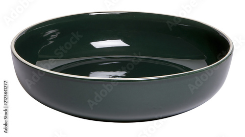 Quadro su tela Deep dark green ceramic serving bowl with white rim, isolated on transparent bac