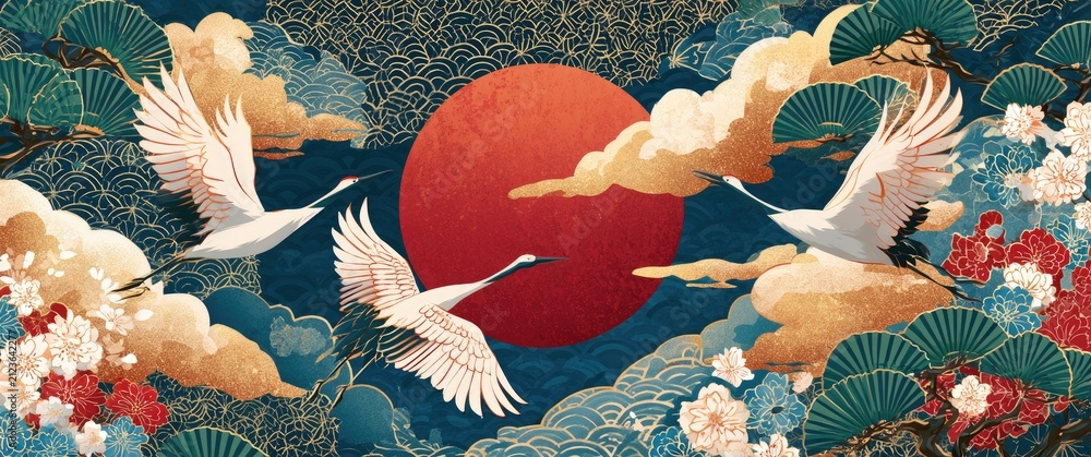 Obraz premium Elegant Japanese Cranes Flying Towards a Red Sun Amidst Lush Pine Trees and Blossoms.
