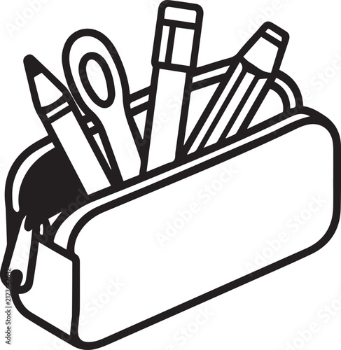 A pencil case filled with writing and drawing instruments, depicted in a clean, minimalist line art style. The open zipper reveals a collection of essential tools for creativity and study.