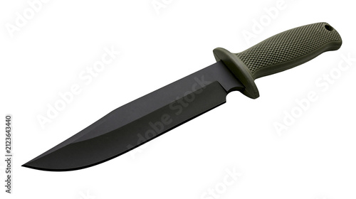 Obraz na płótnie Tactical combat knife with black blade and green textured handle, isolated on tr