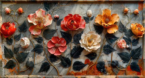 panel wall art, marble background with flower designs