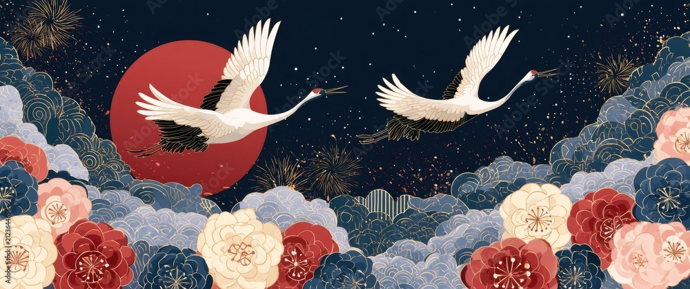 Obraz premium Elegant Cranes Flying Under a Red Sun Amidst Blooming Flowers and Clouds.
