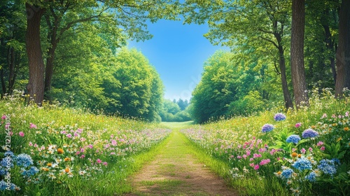 Lush forest path, vibrant wildflowers