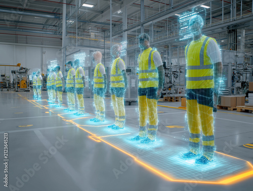 Obraz na płótnie Digital twin workers represented as glowing holograms standing in row inside modern factory facility