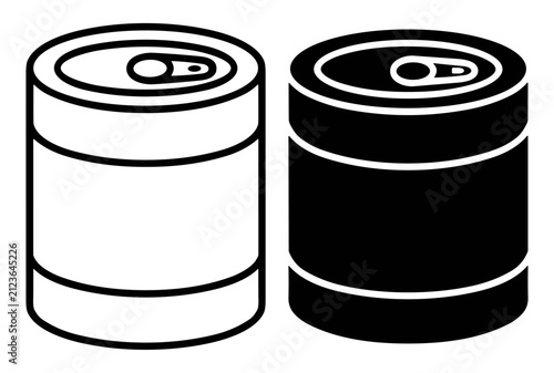 Black and white outline icons of beverage or food cans with pull tabs in two different color styles on transparent background