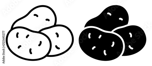 Black and white illustration of three potatoes with sprout marks in solid and outline styles on transparent background