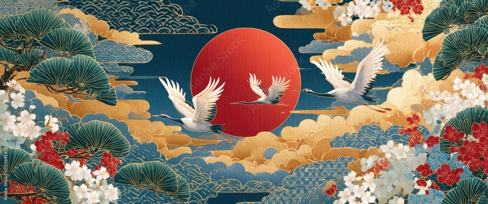 Obraz premium Elegant Japanese Cranes Flying Towards a Red Sun Amidst Clouds and Pine Trees.