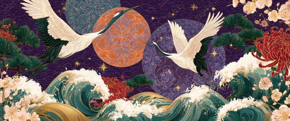 Obraz premium Enchanting Japanese Art - Cranes Soaring Above Waves Under a Celestial Sky.