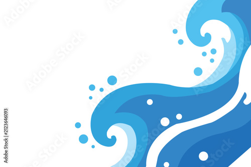Abstract blue water wave illustration with splashes and bubbles, dynamic sea or ocean flow design element