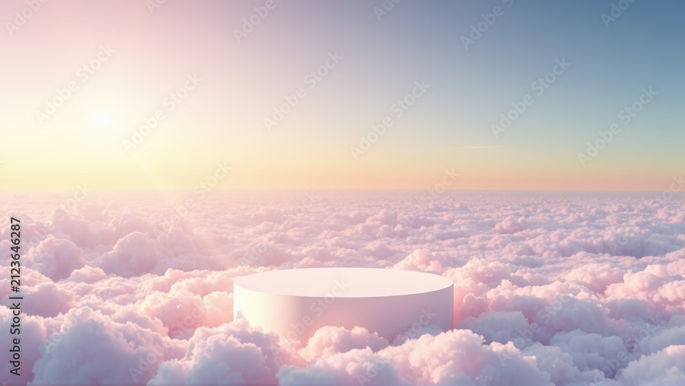 Fototapeta premium Empty cylindrical platform floats above fluffy pink clouds. Soft sunrise colors create serene atmosphere. Minimalist presentation space.