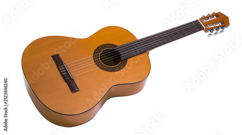 Konstfotografi Acoustic classical guitar with six strings and wooden body, isolated on transpar