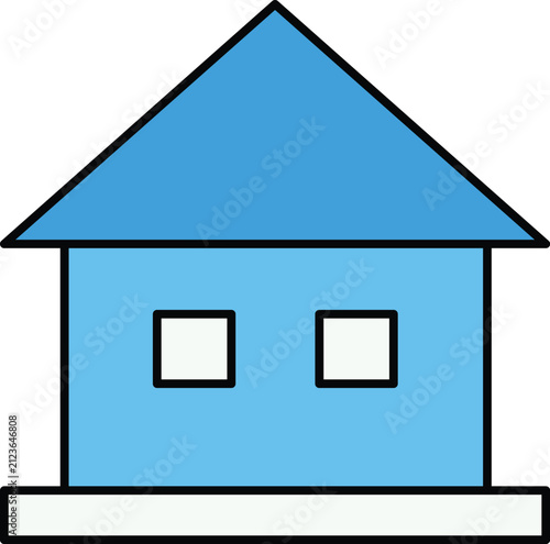 Simple of a blue house with a triangular roof and two square windows on white base home building