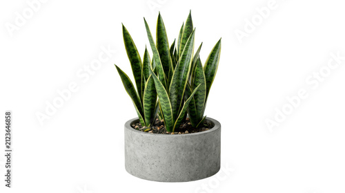 Small snake plant in a round concrete pot for indoor home decoration isolated on transparent background