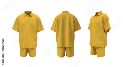 Men’s Oversized Polo Shirt and Shorts Mockup. Short Sleeve Sports Uniform Set, Front, Side and Back View