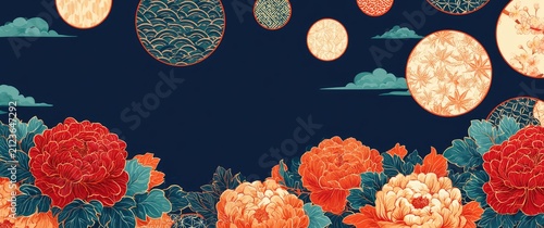 Vibrant Chinese Floral Pattern with Full Moons and Clouds.