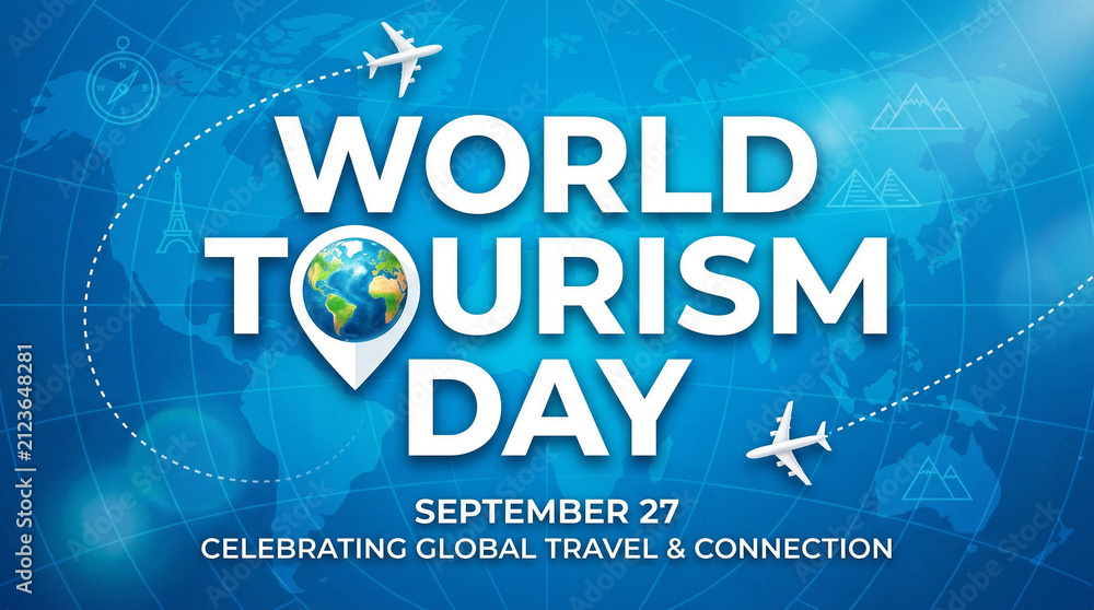 Naklejka premium World tourism day concept with airplanes flying around a globe map, airplane