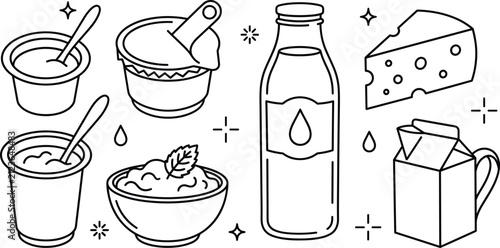 Foto Organic milk products doodle elements collection with outline vector illustratio