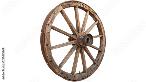 Antique wooden wagon wheel traditional rustic farm carriage element decoration isolated on transparent background cut out