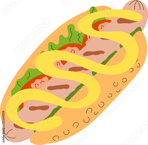 Big grilled hot dog with mustard hand drawn vector illustration. Trendy minimalist tasty fast food print
