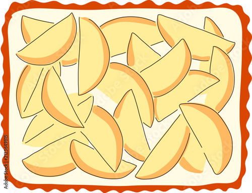 Big box with crunchy Idaho potato hand drawn vector illustration. Trendy minimalist tasty fast food print