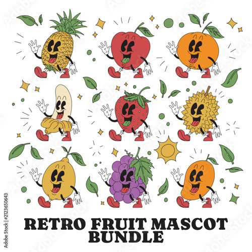 Cute Retro Fruit Mascot Cartoon Character Bundle in 90s Style
