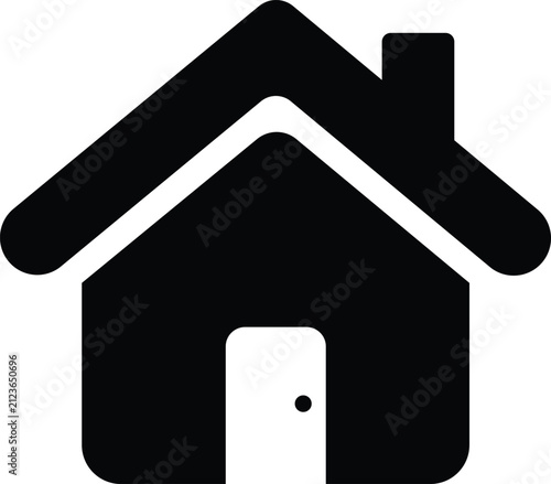 Bild auf Leinwand Minimalist black house with a pitched roof, chimney, and a single door on a plai