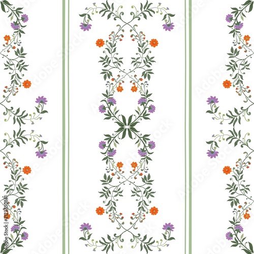 Elegant seamless floral border pattern inspired by traditional folk embroidery. Delicate wildflowers, leafy vines, and ornamental symmetry create a timeless design for textiles, wallpaper, home décor,