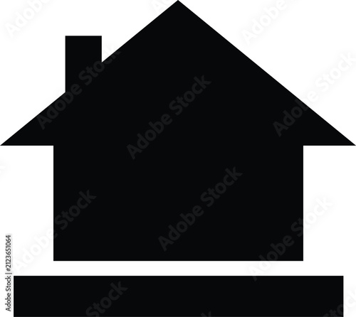 Black silhouette of a simple house with a chimney and a rectangular base on a white background