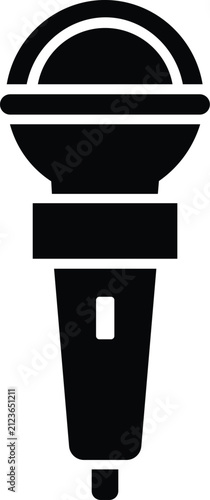 Black and white of a handheld microphone with a rounded head and a rectangular handle audio