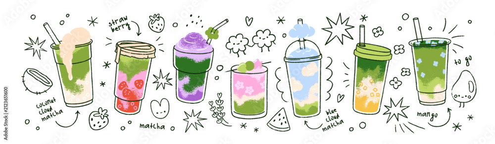 Obraz premium Green matcha latte drink cups set with cute doodle elements, ideal for cafe menus, stickers, and promotional beverage designs with Japanese aesthetic. Flat vector illustrations isolated on white