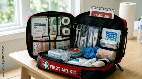 Open first aid kit with medical supplies and bandages for emergency medical situations.