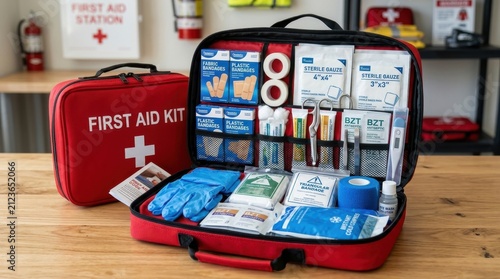 Open first aid kit with medical supplies and emergency items.