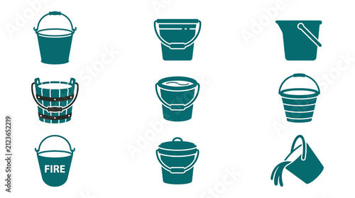 Collection of green bucket icons for household and industrial tasks.