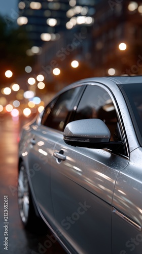 Modern car side mirror on a city street at night, urban mobility, automotive design, evening transport, contemporary lifestyle.