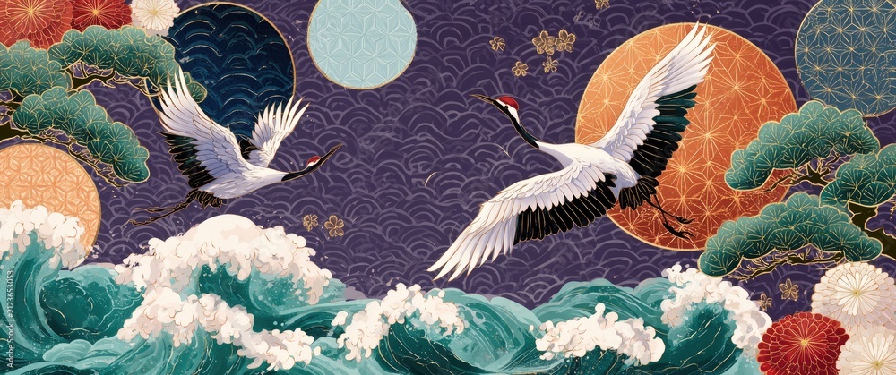 Obraz premium Two Japanese Cranes Flying Over Stylized Waves and Moonlit Sky.