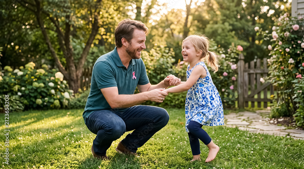 Fototapeta premium Joyful Father and Daughter Playing in Sunny Backyard with Awareness Ribbon