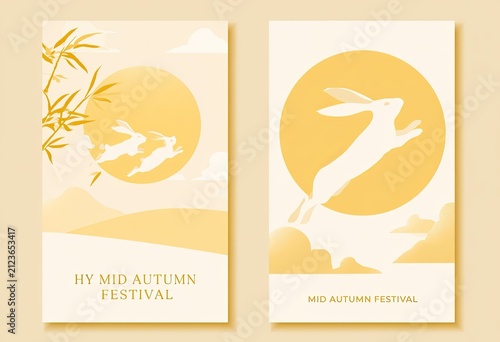 Mid Autumn Festival Greeting Cards with Rabbits and Moon.
