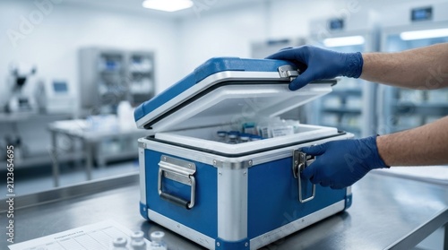 Opening insulated vaccine cooler box with vials inside for cold chain medical transport.