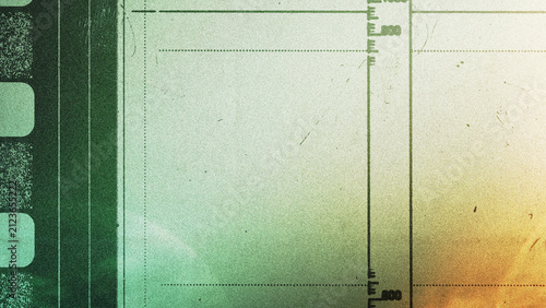 Vintage film strip edge with grunge texture, dust, scratches, and warm light leaks. Abstract distressed analog photography background with colorful green and orange gradients