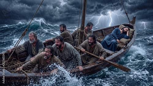 Jesus sleeping during a violent sea storm while disciples panic in a wooden boat with lightning and huge waves