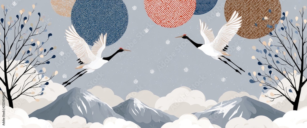 Obraz premium Two Red-Crowned Cranes Flying Over Snowy Mountains with Abstract Circles in the Sky.