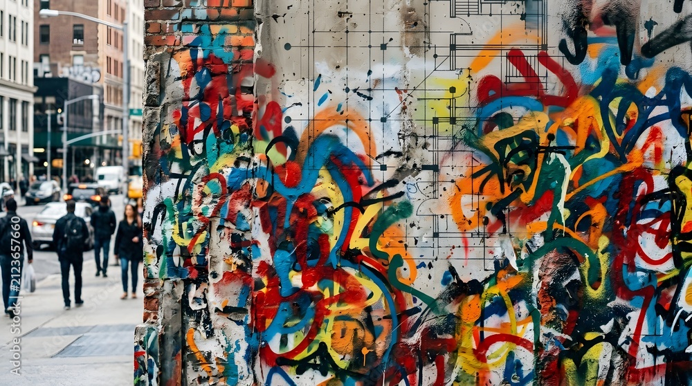 Fototapeta premium Urban street art spray paint grunge on an architectural layout grid