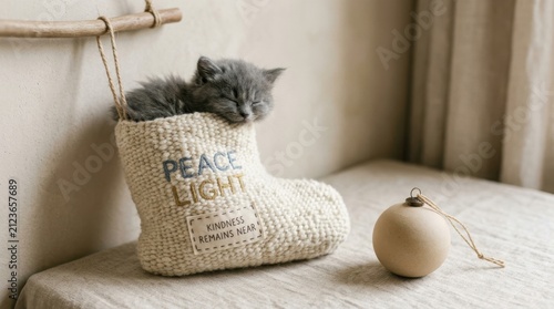 Tiny grey kitten sleeping peacefully inside a cozy white knitted Christmas stocking hanging on a wall beside a simple ornament, perfect for festive holiday greeting cards and minimalist winter theme..