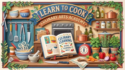 Culinary arts academy illustration. Cooking class concept with kitchen tools and recipe book.