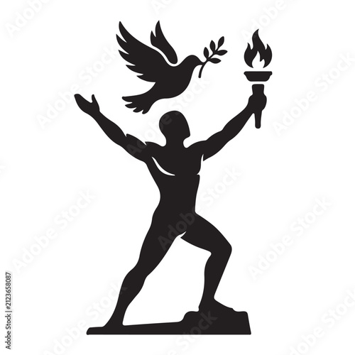 Foto Silhouette icon of man holding aloft a torch and a peace dove with olive branch