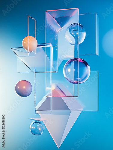 Abstract geometric shapes and floating spheres on a modern blue background.
