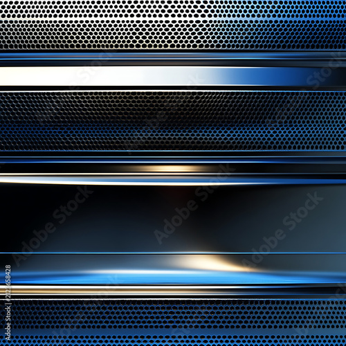 Abstract metallic perforated surface with blue light reflections and modern industrial texture.